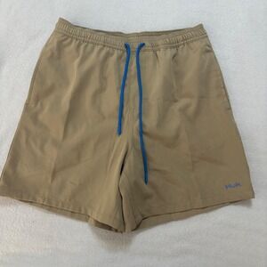 Huk Performance Fishing Shorts Womens Small Tan Khaki Blue Drawstring Mesh Lined